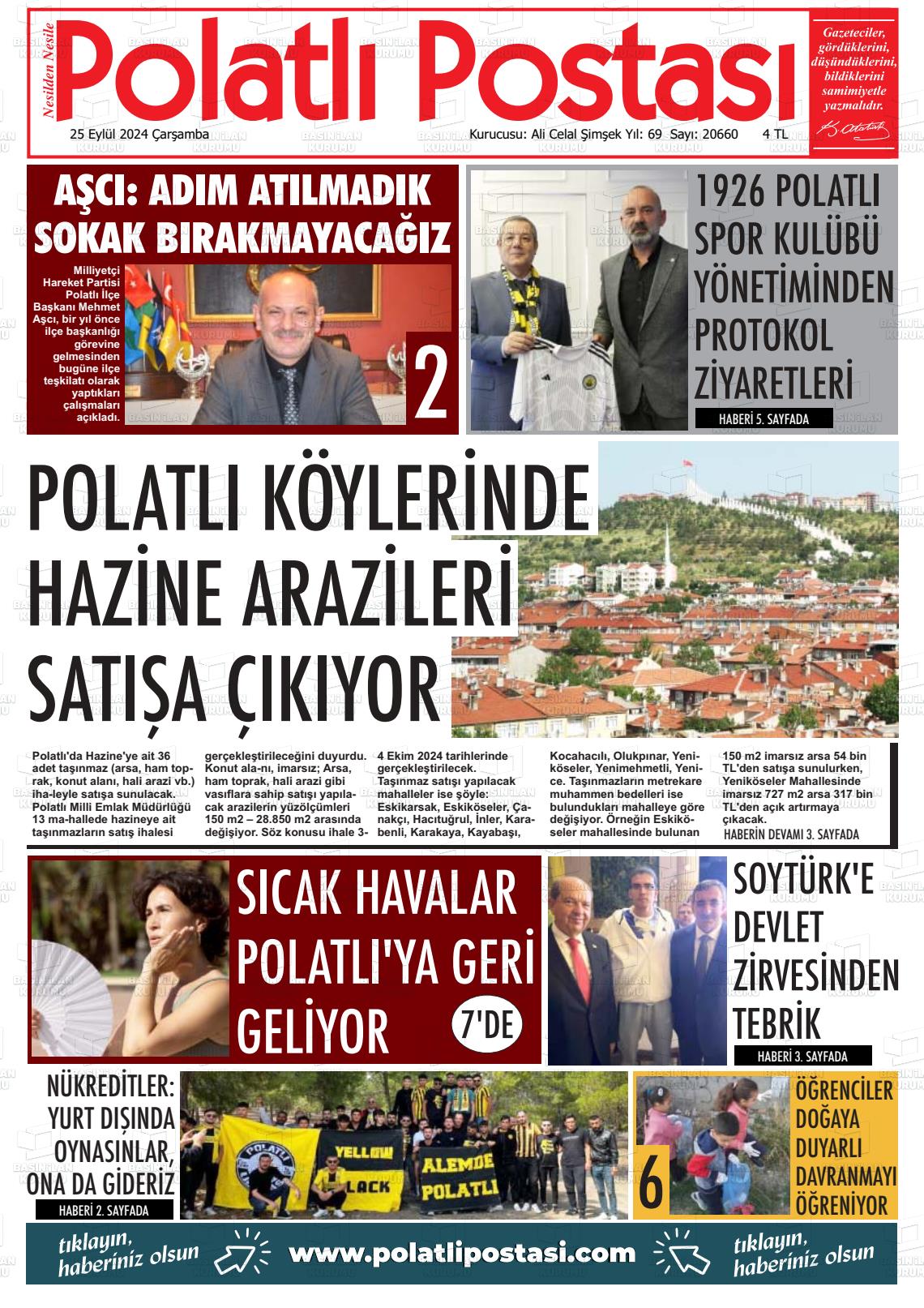 25 Eylül 2024 Polatlı Postası Gazete Manşeti