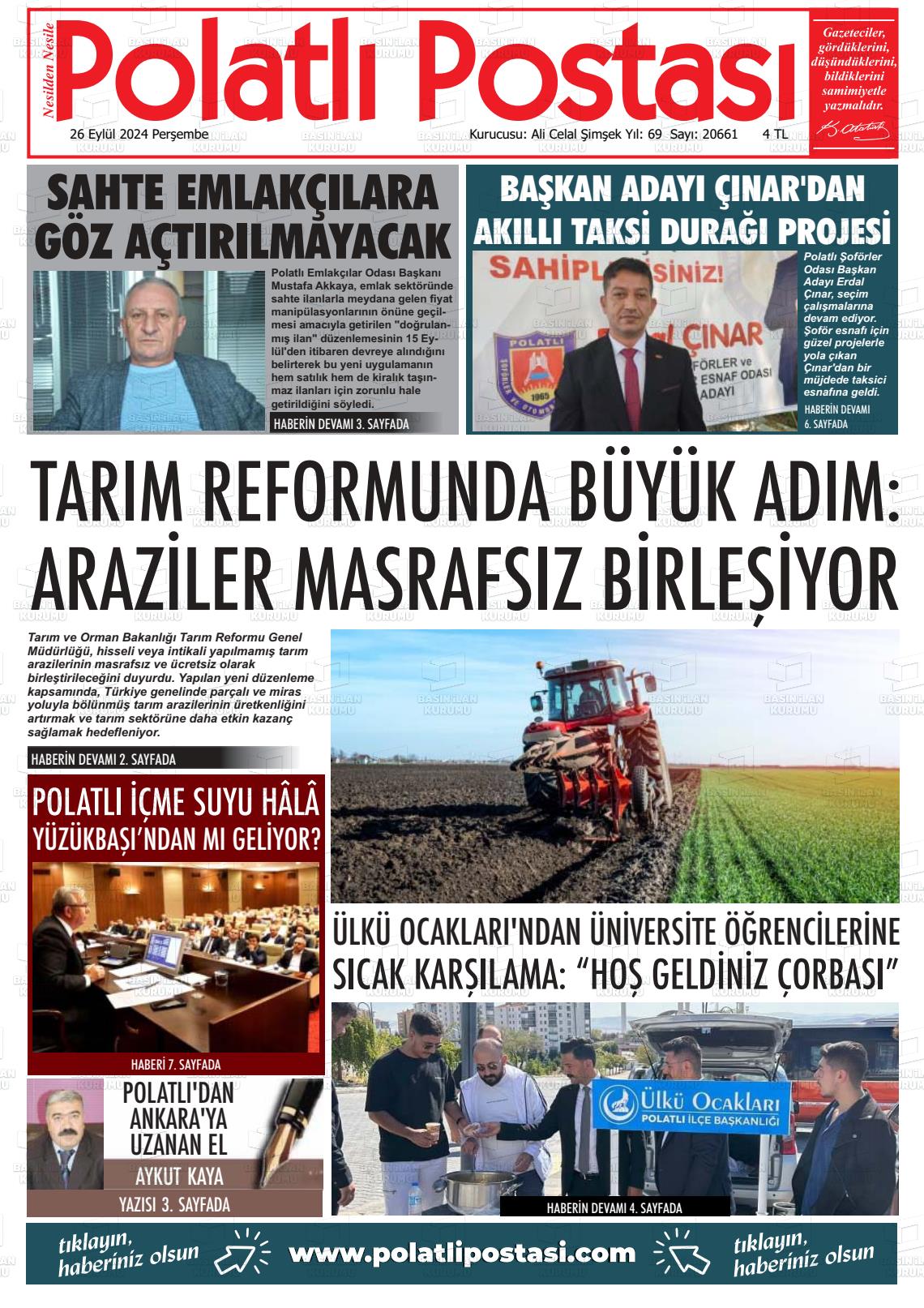 26 Eylül 2024 Polatlı Postası Gazete Manşeti