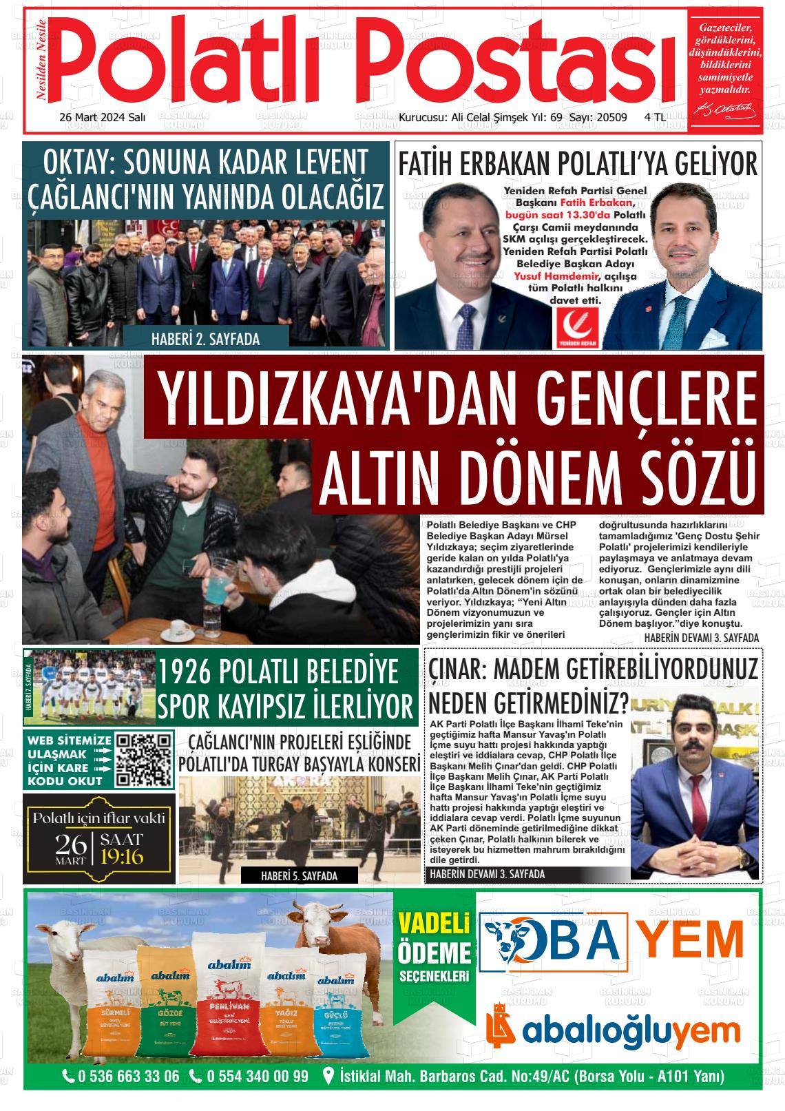 26 Mart 2024 Polatlı Postası Gazete Manşeti