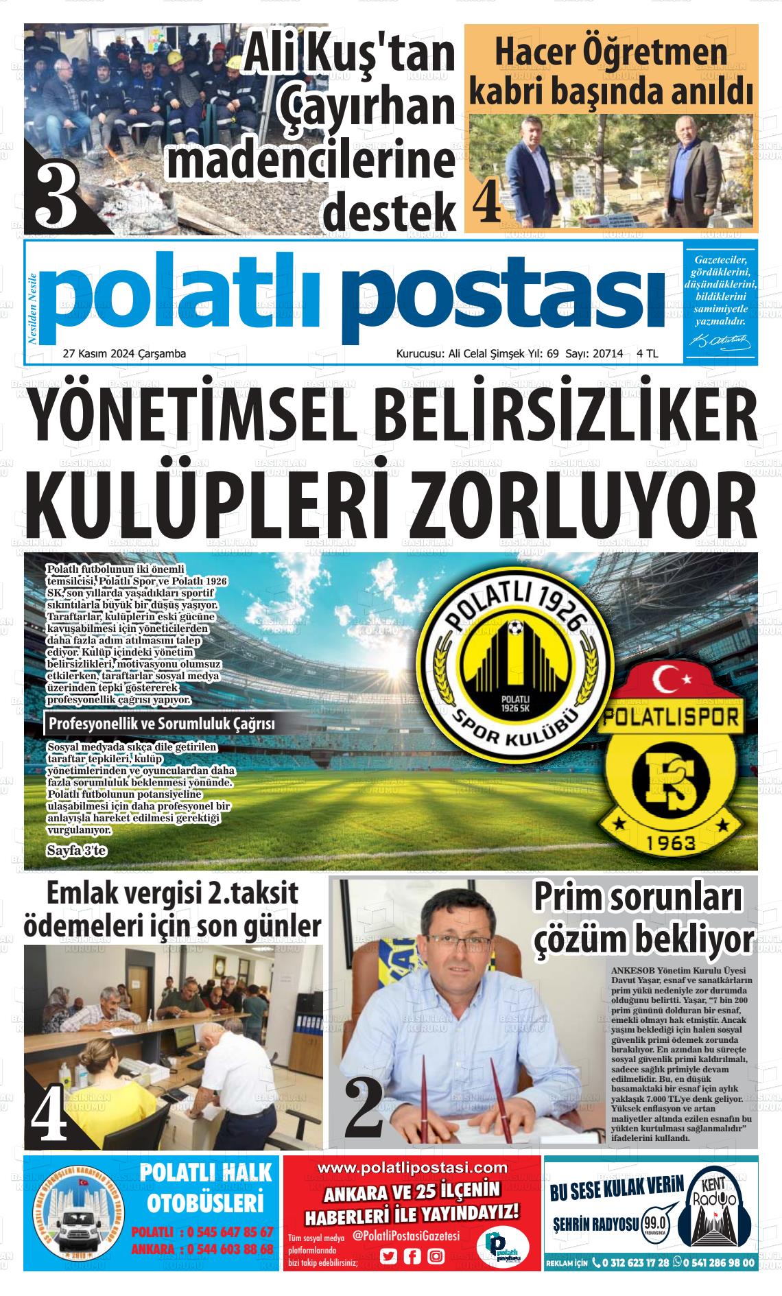 27 Kasım 2024 Polatlı Postası Gazete Manşeti