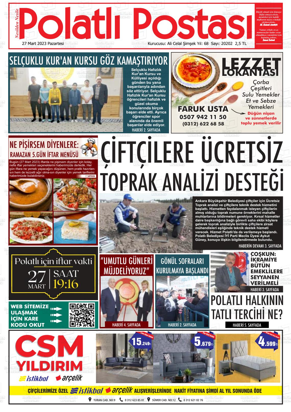 27 Mart 2023 Polatlı Postası Gazete Manşeti