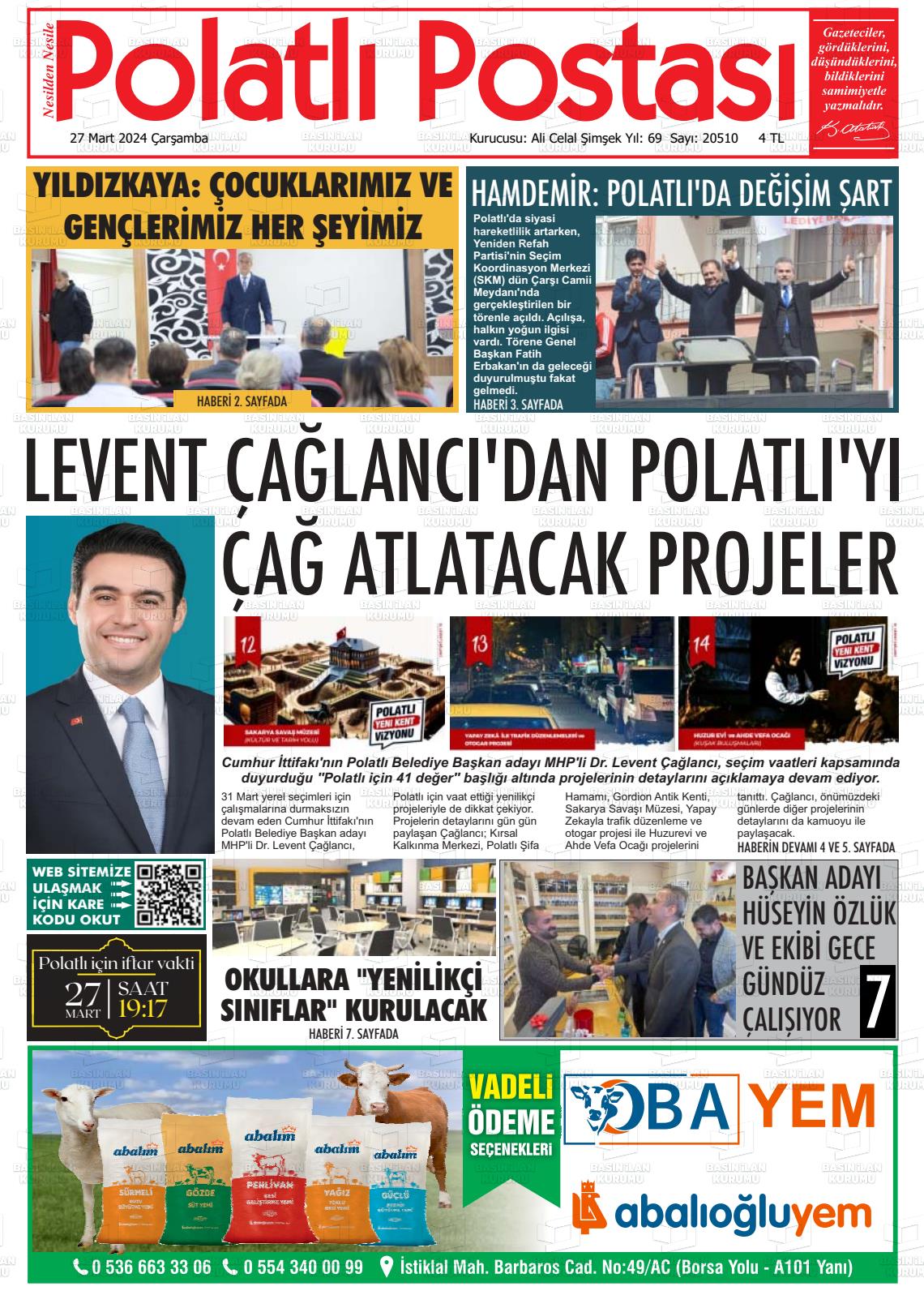 27 Mart 2024 Polatlı Postası Gazete Manşeti