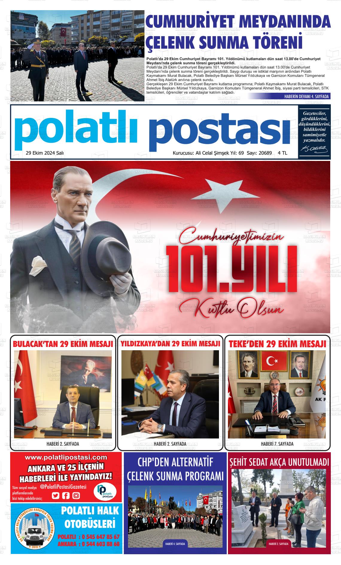 29 Ekim 2024 Polatlı Postası Gazete Manşeti