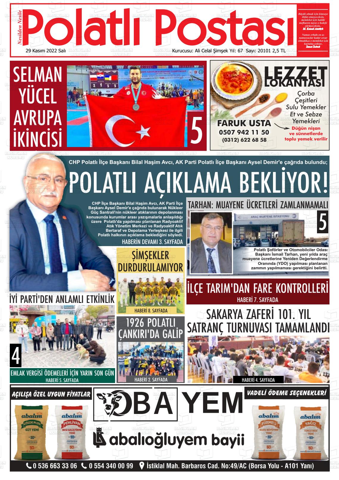 29 Kasım 2022 Polatlı Postası Gazete Manşeti