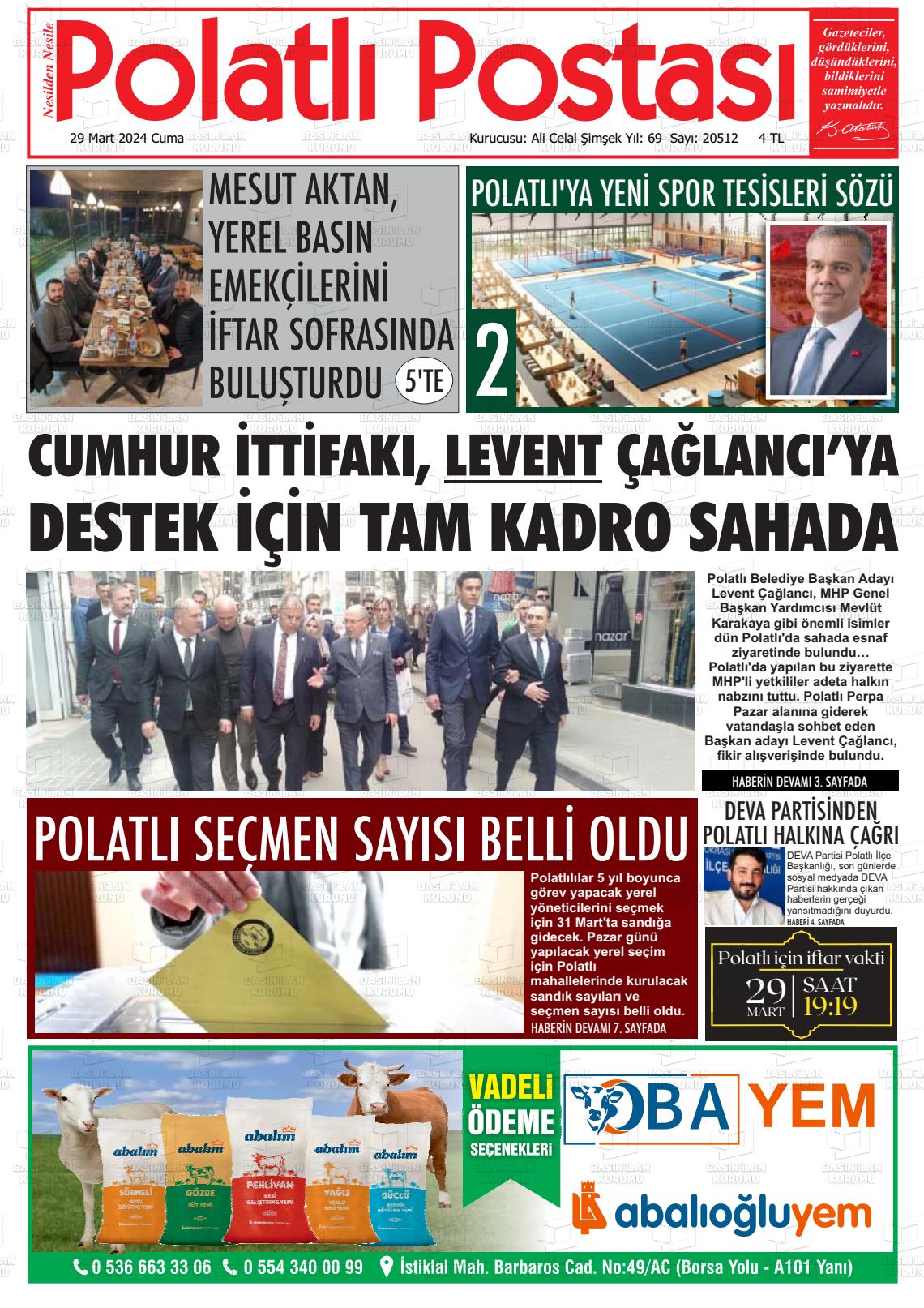 29 Mart 2024 Polatlı Postası Gazete Manşeti