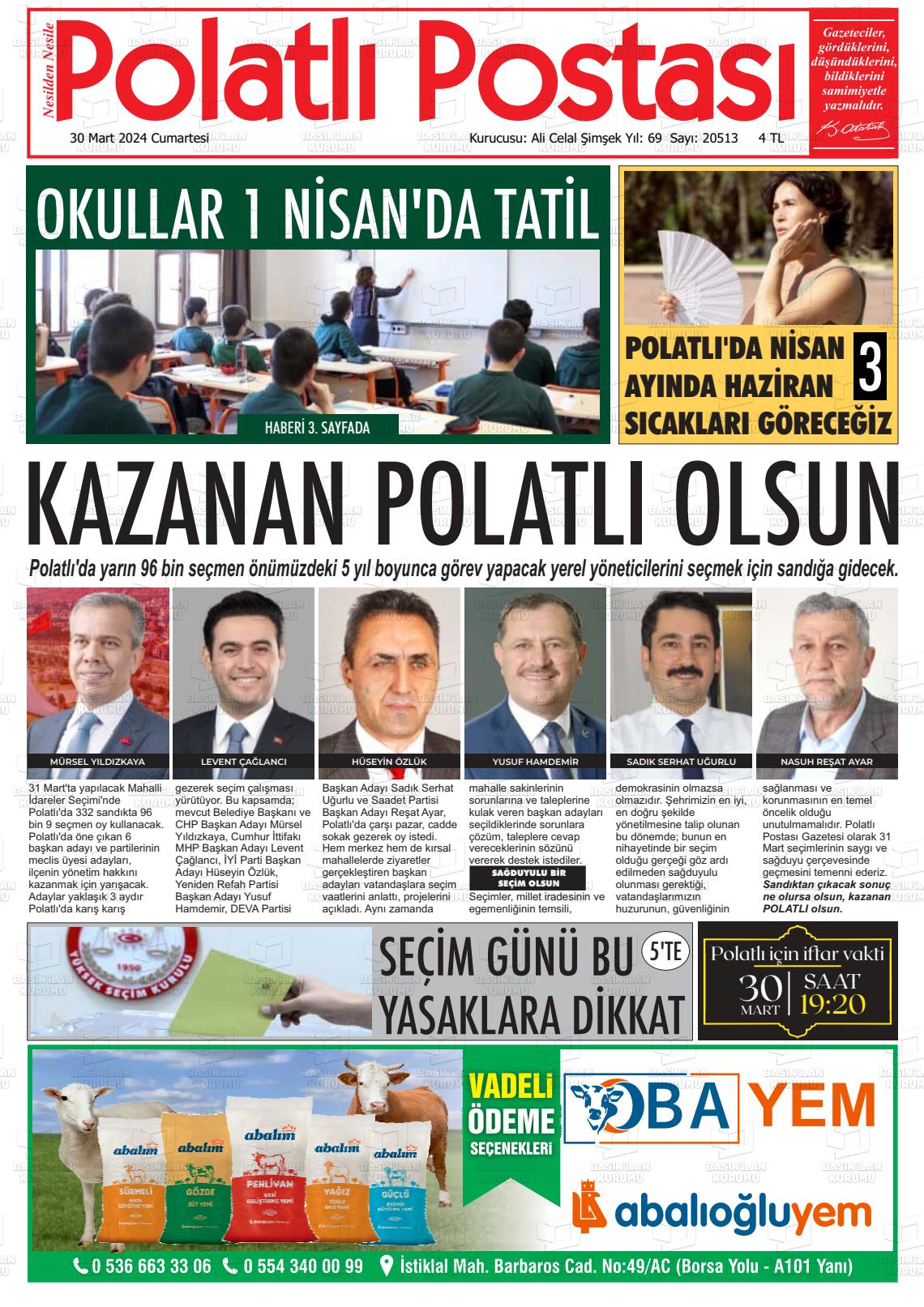 30 Mart 2024 Polatlı Postası Gazete Manşeti