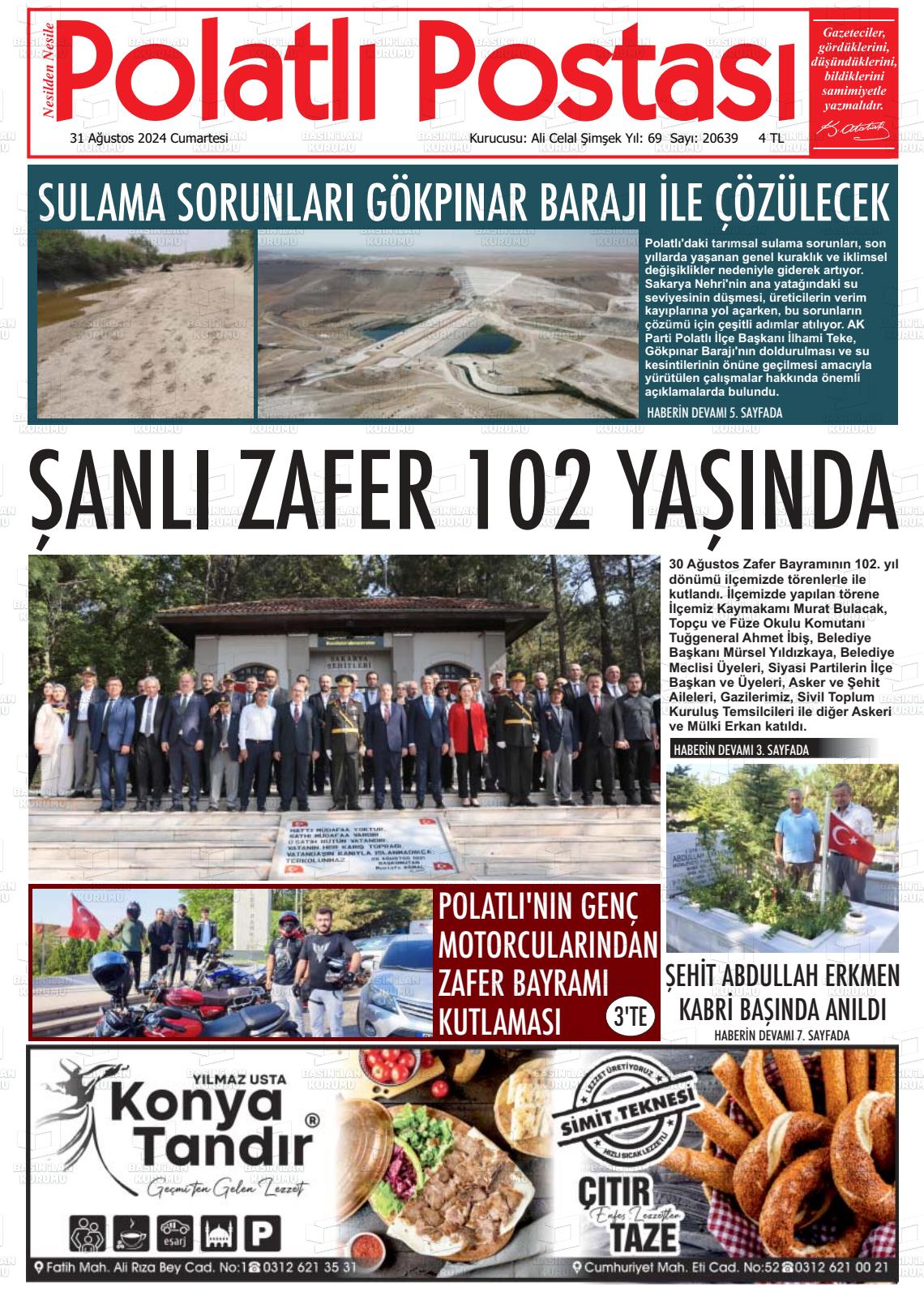 31 Ağustos 2024 Polatlı Postası Gazete Manşeti