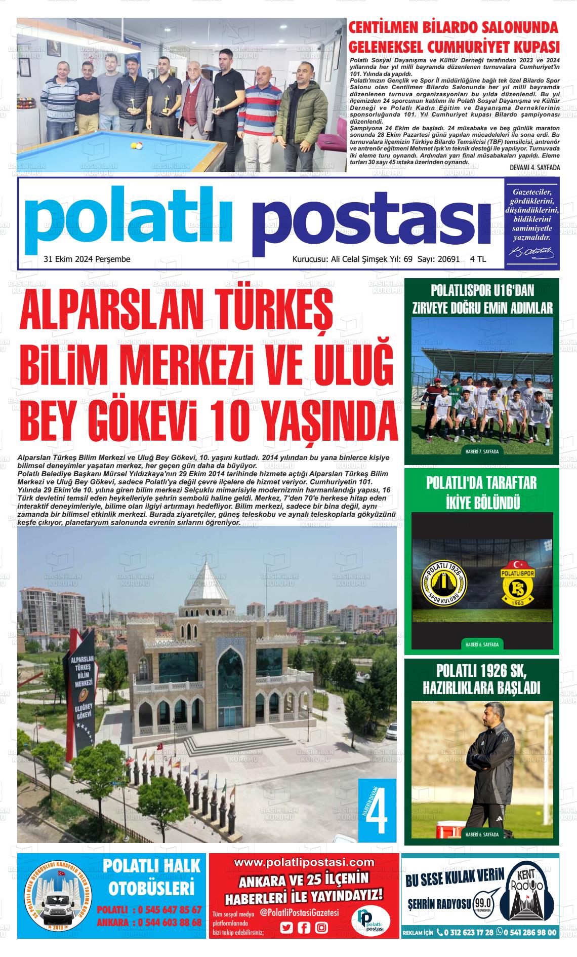 31 Ekim 2024 Polatlı Postası Gazete Manşeti