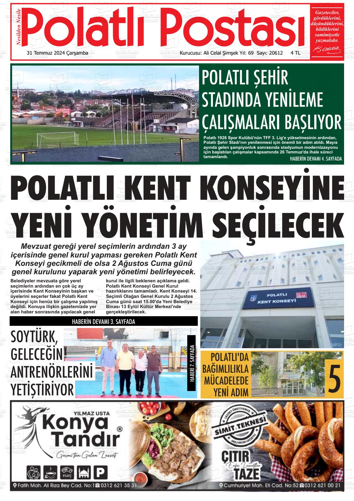 31 Temmuz 2024 Polatlı Postası Gazete Manşeti