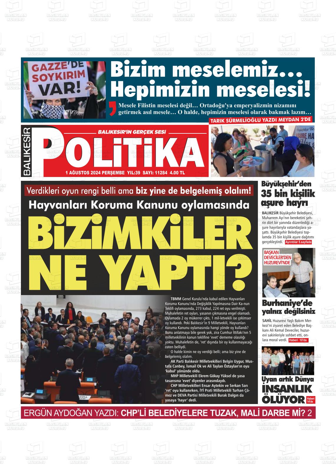 01 Ağustos 2024 Balıkesir Politika Gazete Manşeti