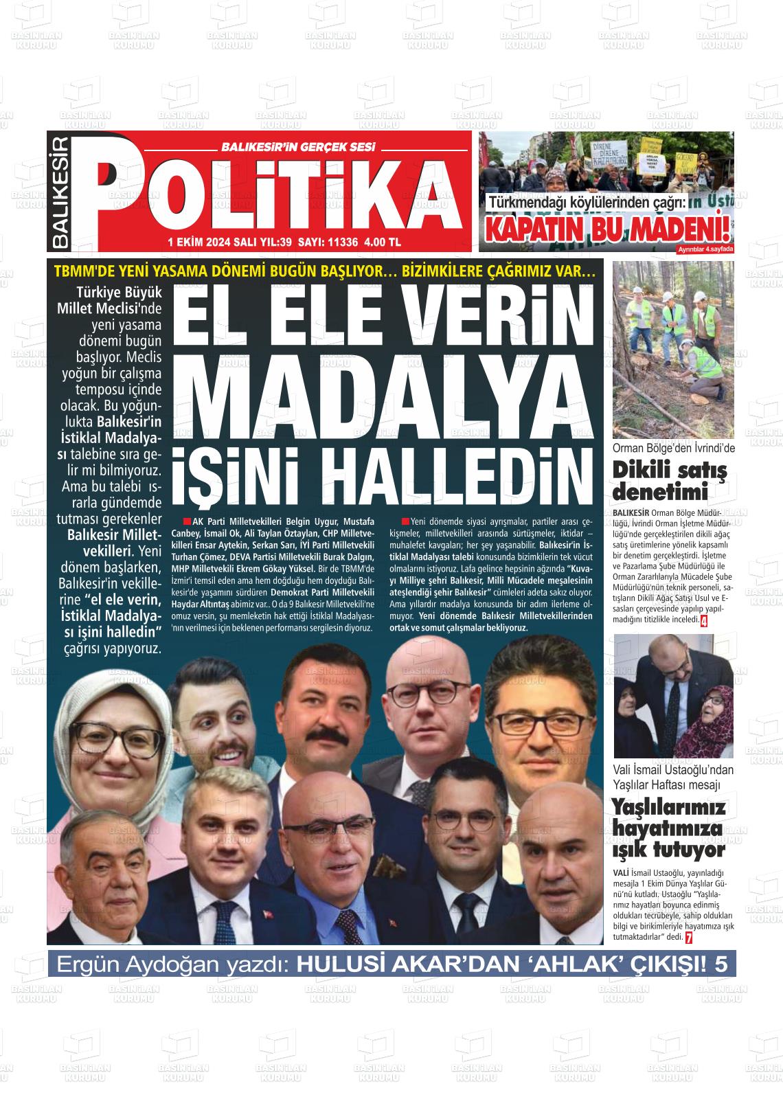 01 Ekim 2024 Balıkesir Politika Gazete Manşeti