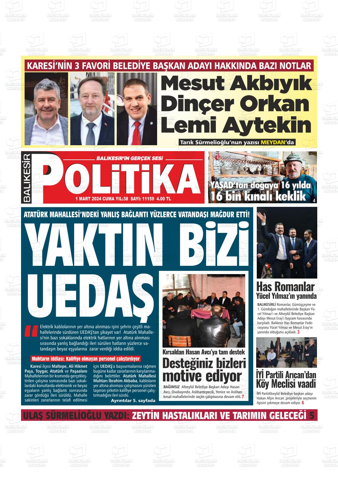 01 Mart 2024 Balıkesir Politika Gazete Manşeti