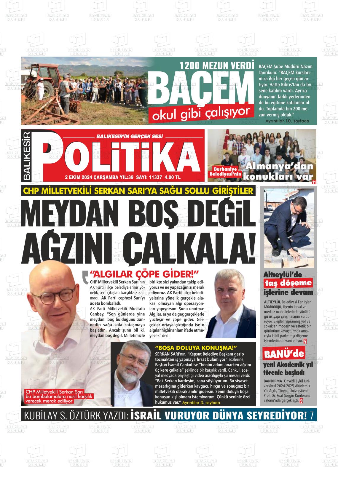 02 Ekim 2024 Balıkesir Politika Gazete Manşeti