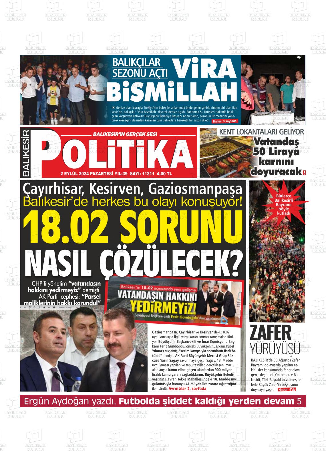 02 Eylül 2024 Balıkesir Politika Gazete Manşeti