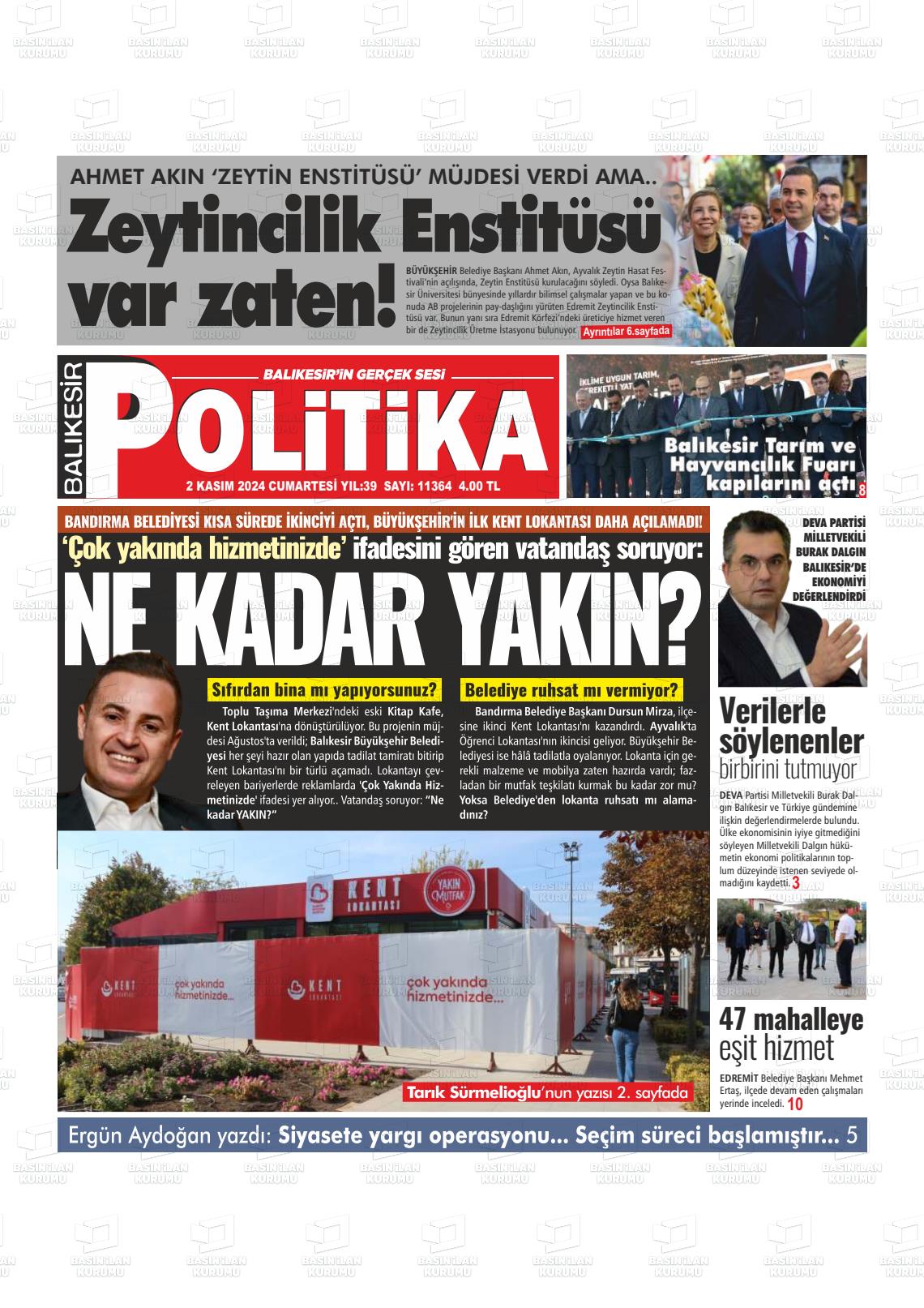 02 Kasım 2024 Balıkesir Politika Gazete Manşeti