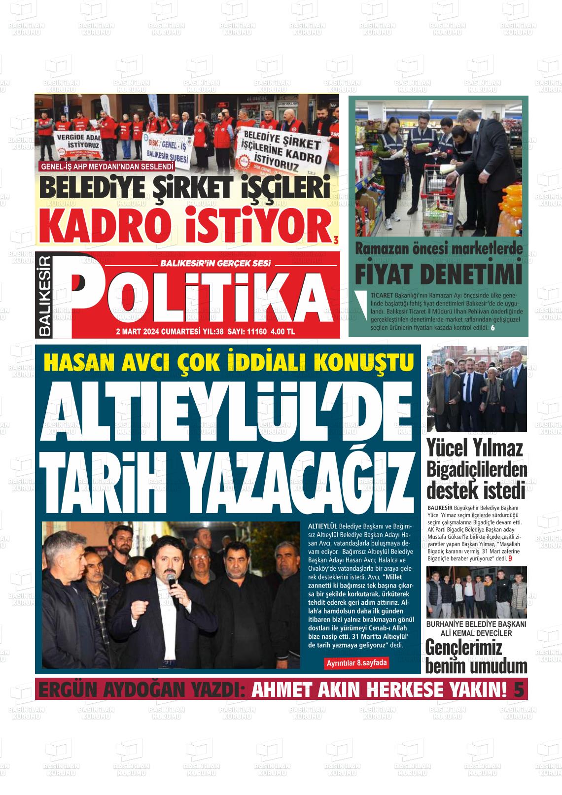 02 Mart 2024 Balıkesir Politika Gazete Manşeti