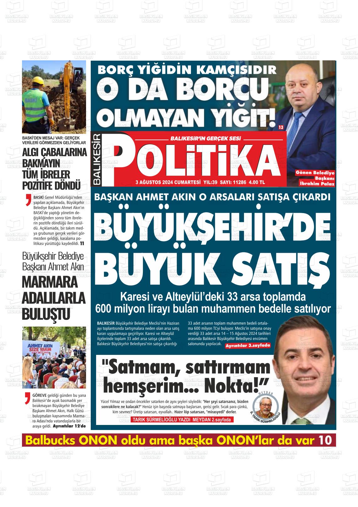 03 Ağustos 2024 Balıkesir Politika Gazete Manşeti