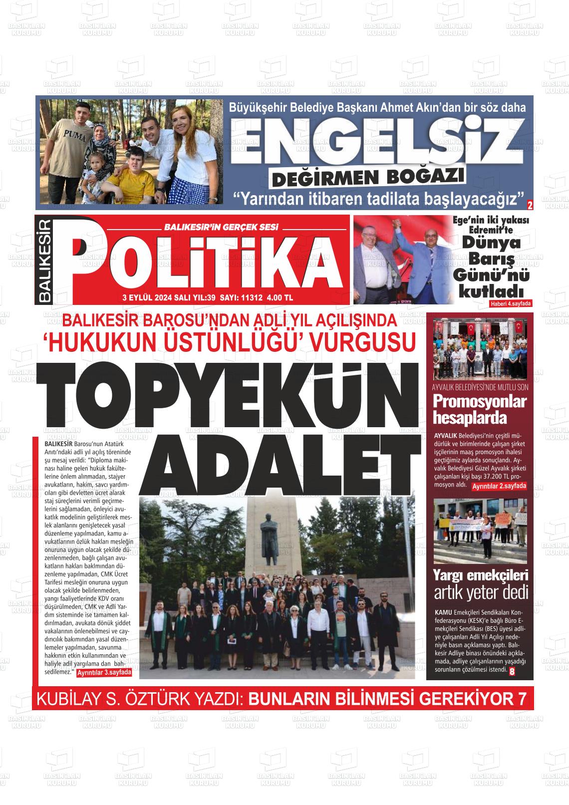 03 Eylül 2024 Balıkesir Politika Gazete Manşeti