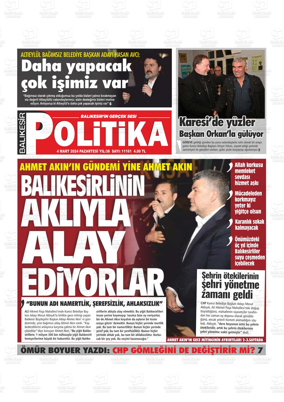 04 Mart 2024 Balıkesir Politika Gazete Manşeti