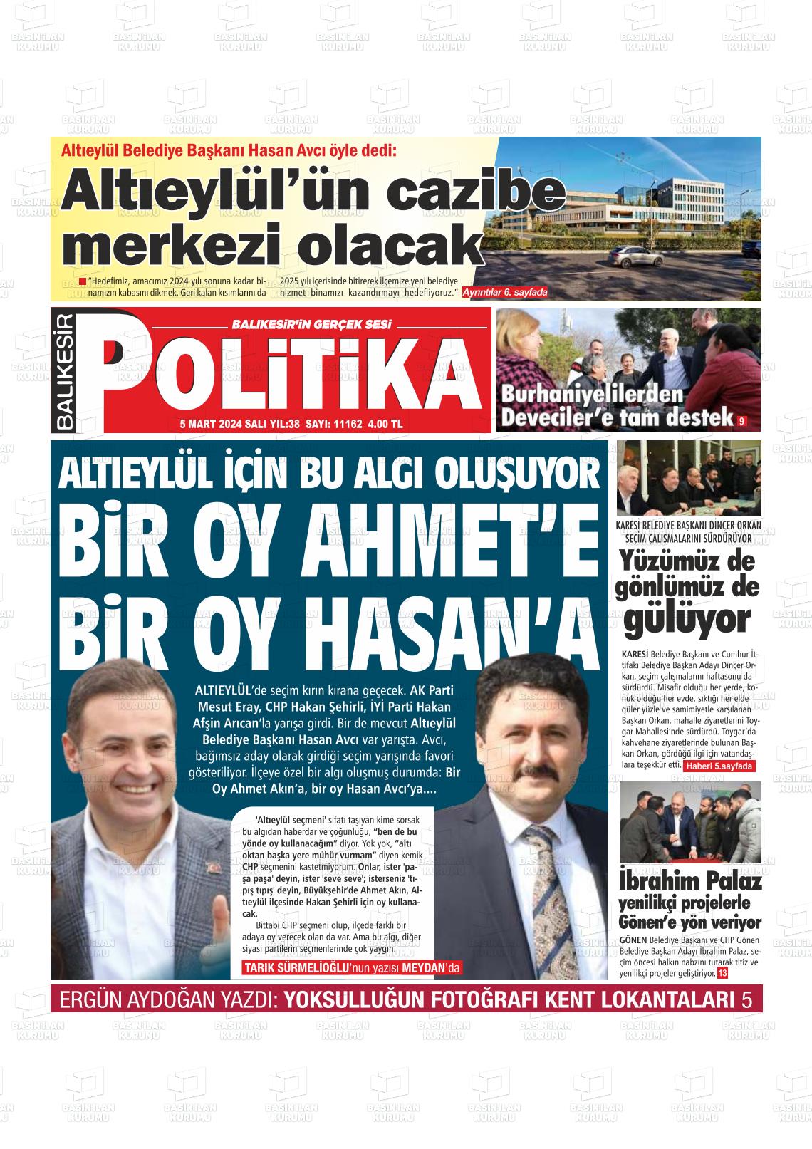 05 Mart 2024 Balıkesir Politika Gazete Manşeti