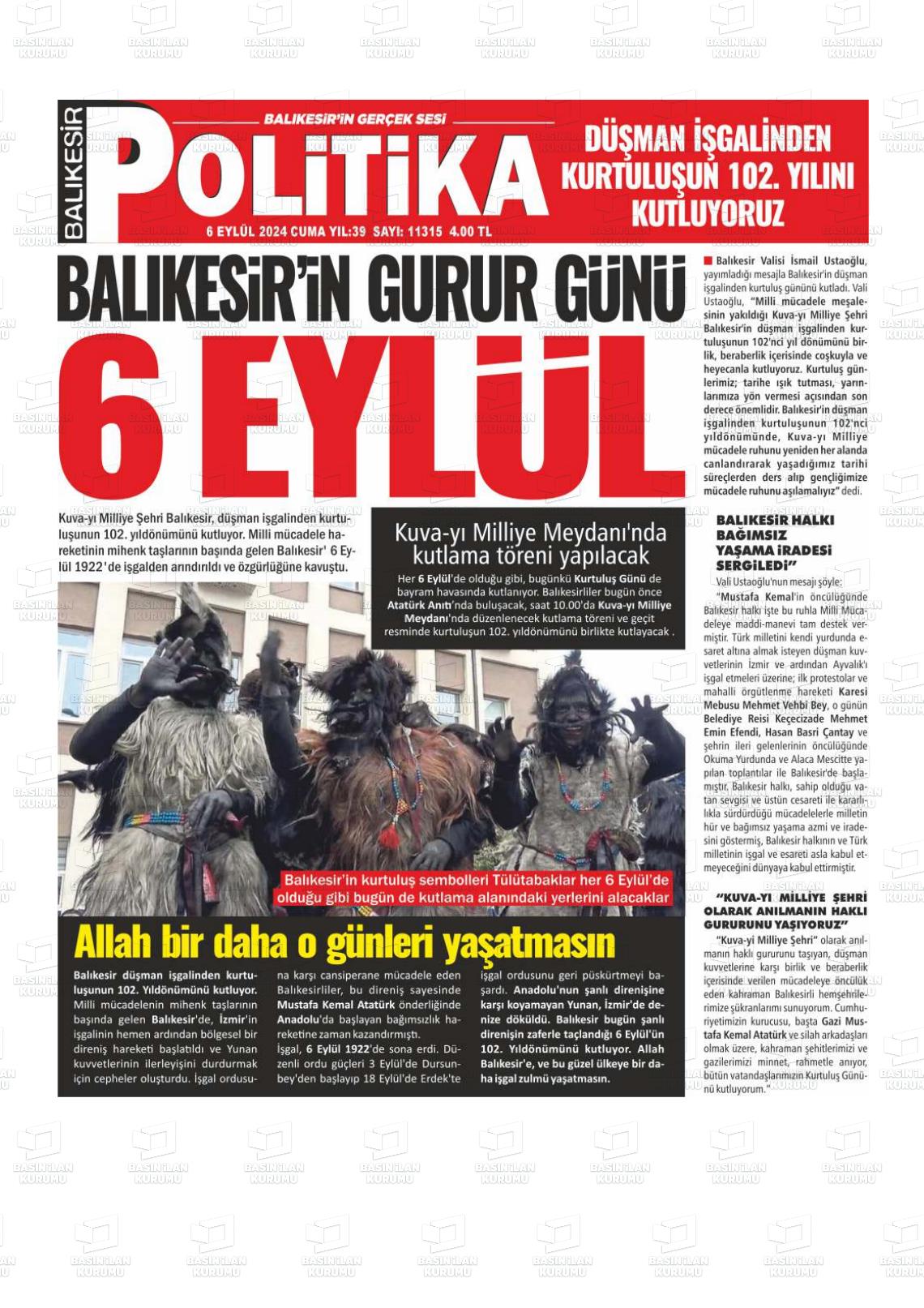 06 Eylül 2024 Balıkesir Politika Gazete Manşeti