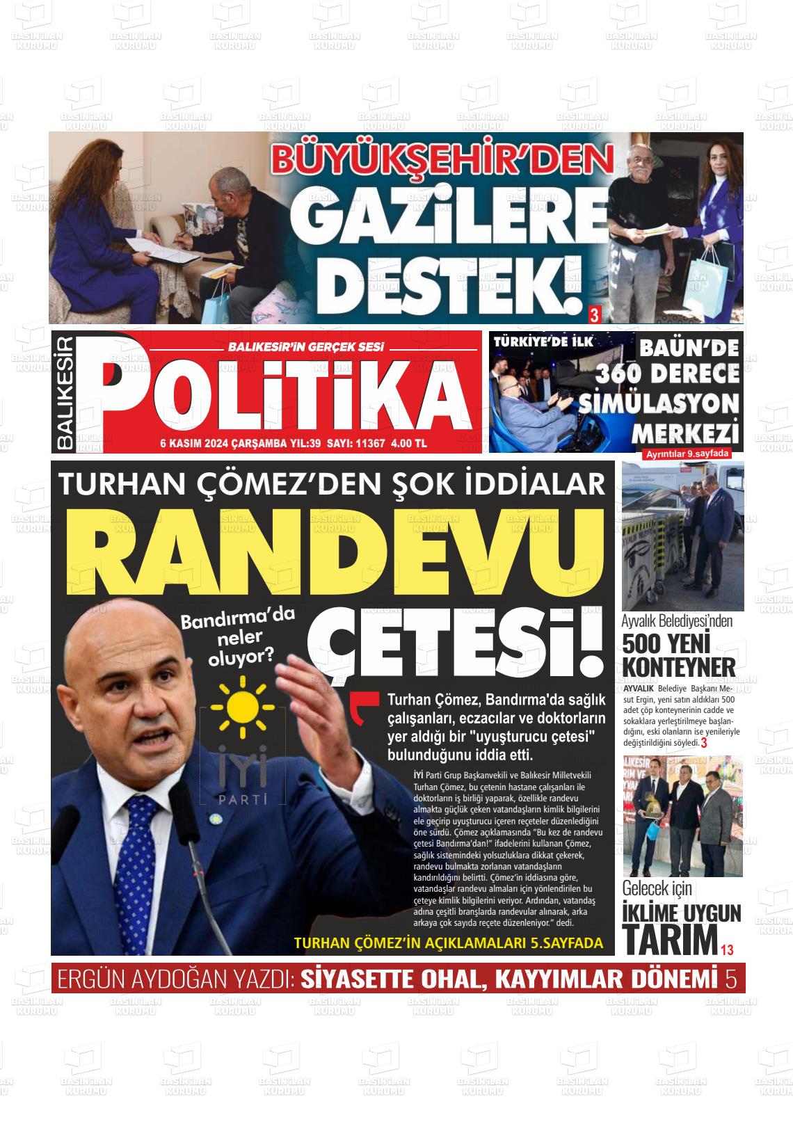 06 Kasım 2024 Balıkesir Politika Gazete Manşeti