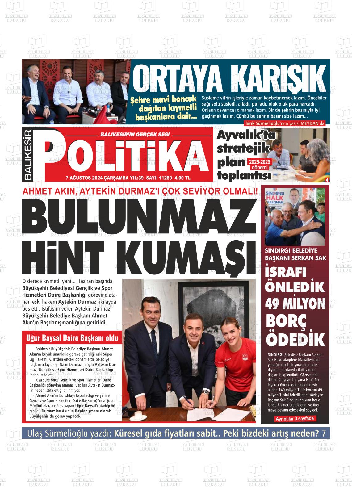 07 Ağustos 2024 Balıkesir Politika Gazete Manşeti