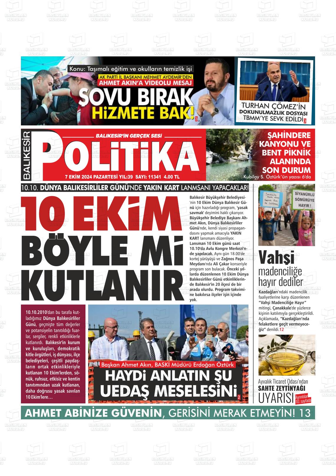 07 Ekim 2024 Balıkesir Politika Gazete Manşeti