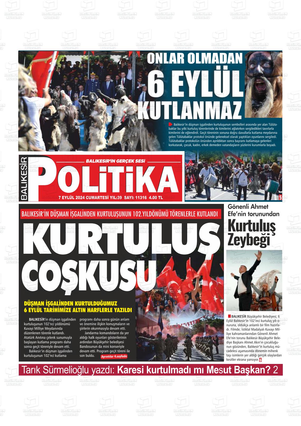 07 Eylül 2024 Balıkesir Politika Gazete Manşeti