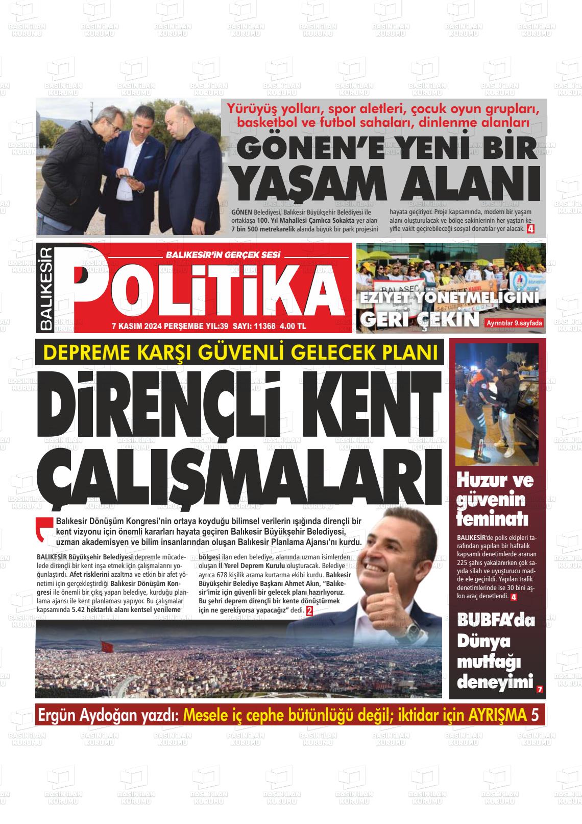 07 Kasım 2024 Balıkesir Politika Gazete Manşeti