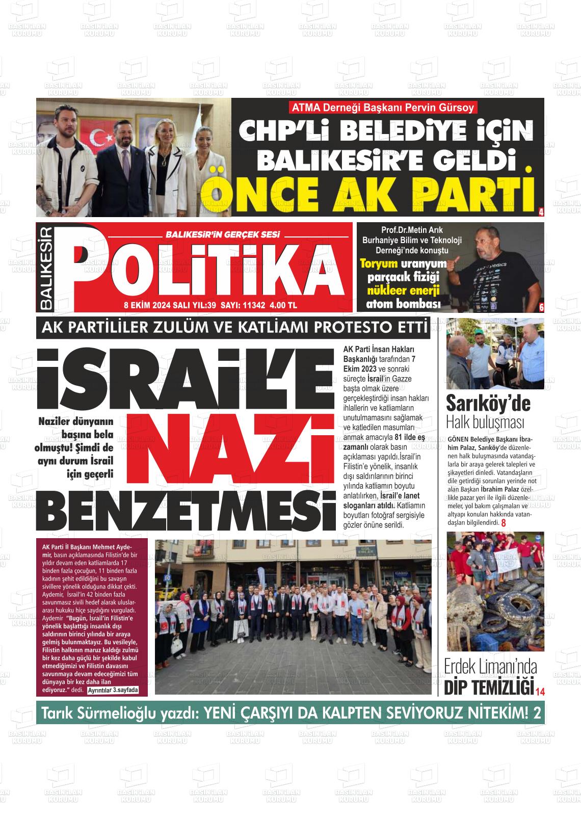 08 Ekim 2024 Balıkesir Politika Gazete Manşeti