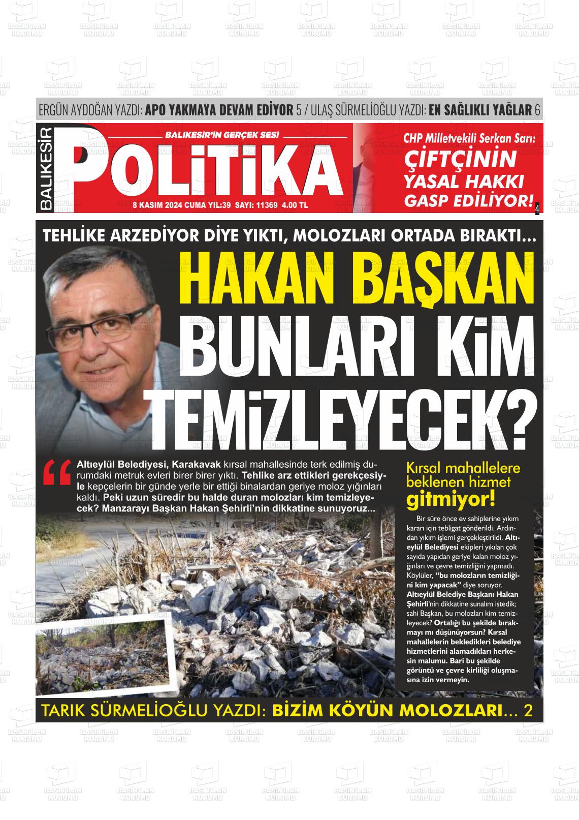 08 Kasım 2024 Balıkesir Politika Gazete Manşeti