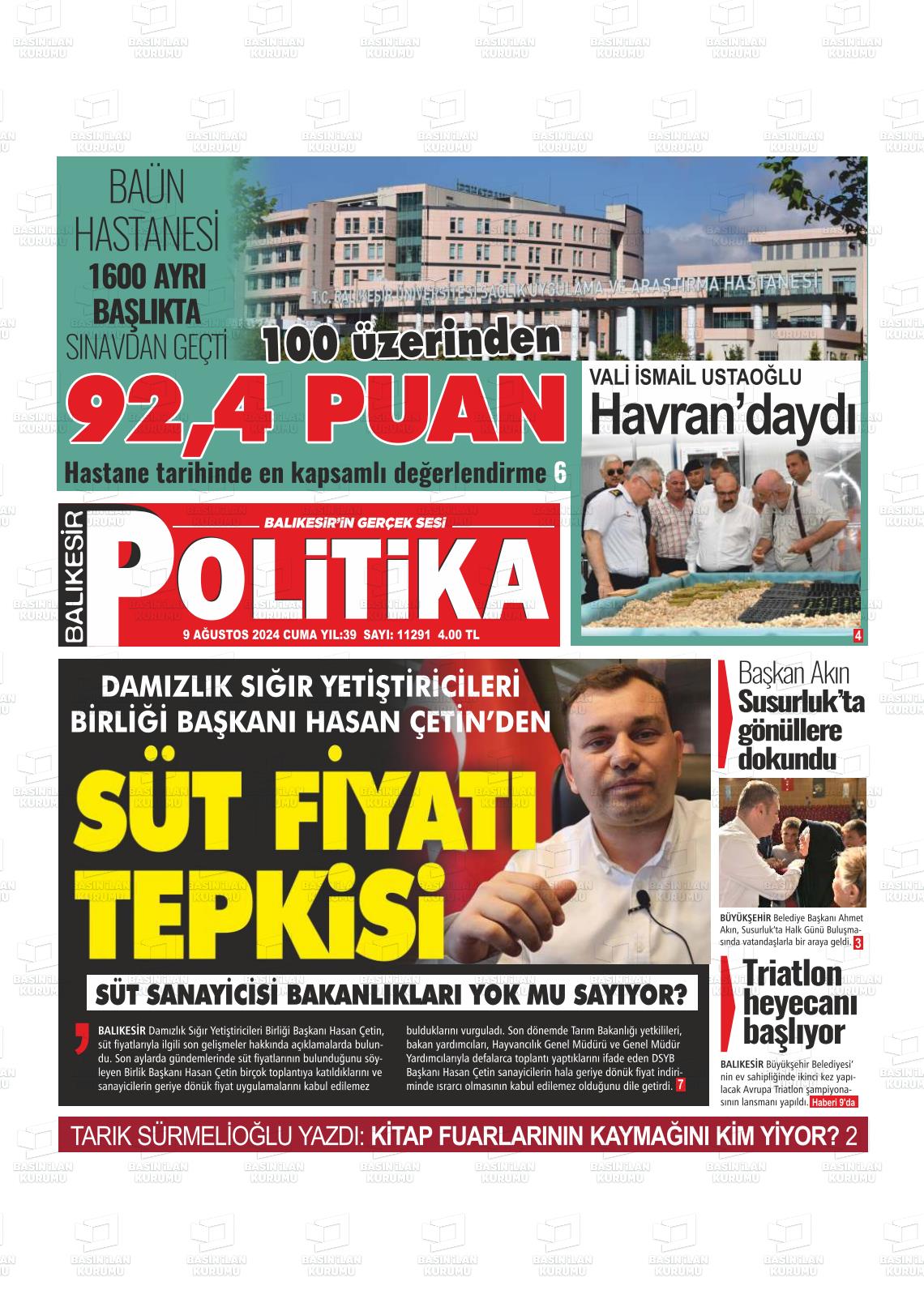 09 Ağustos 2024 Balıkesir Politika Gazete Manşeti