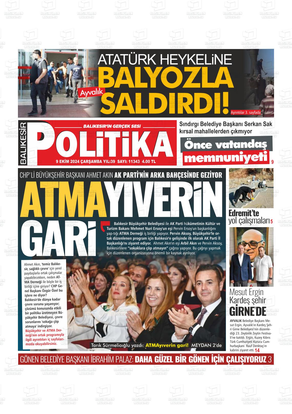 09 Ekim 2024 Balıkesir Politika Gazete Manşeti