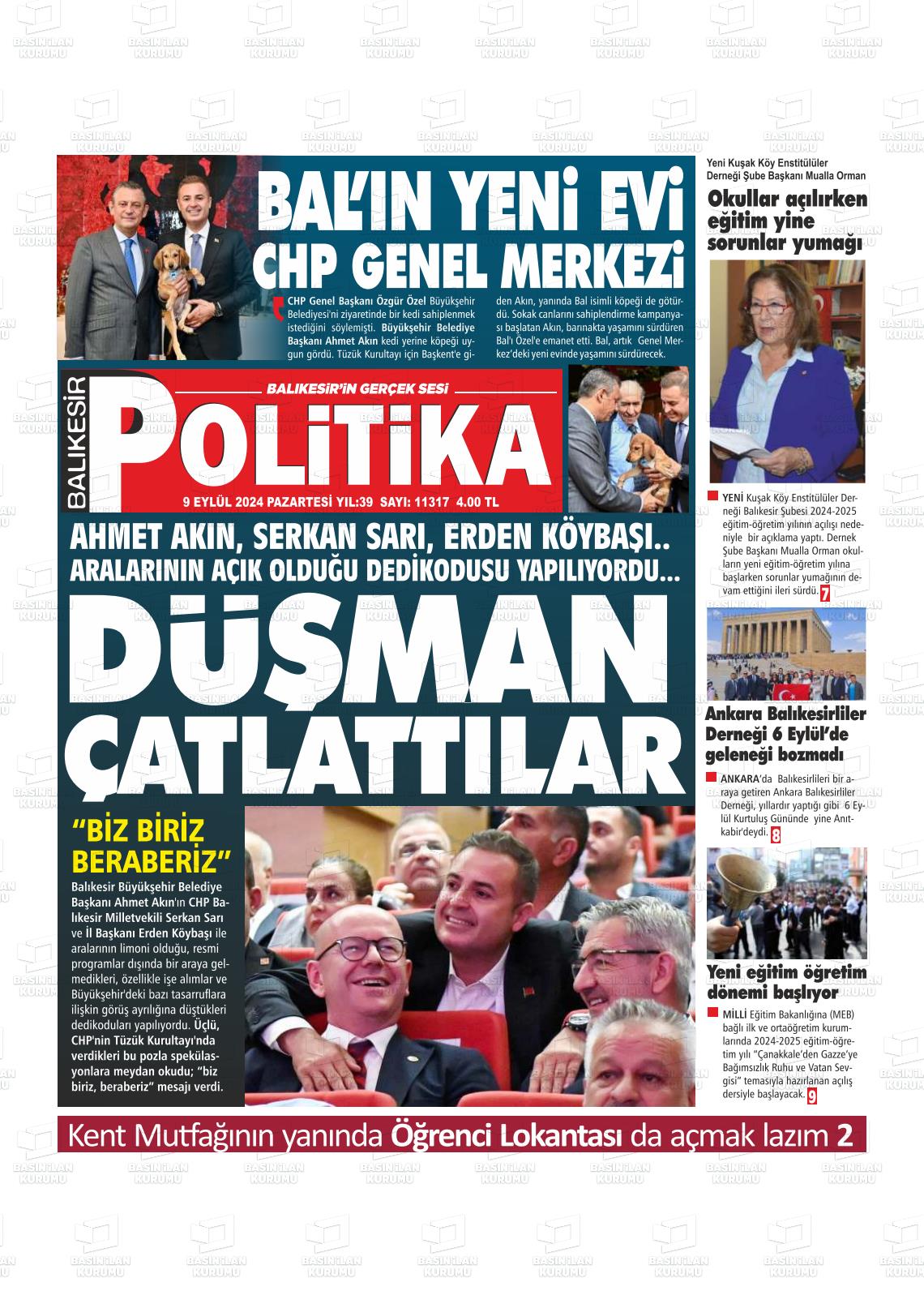 09 Eylül 2024 Balıkesir Politika Gazete Manşeti