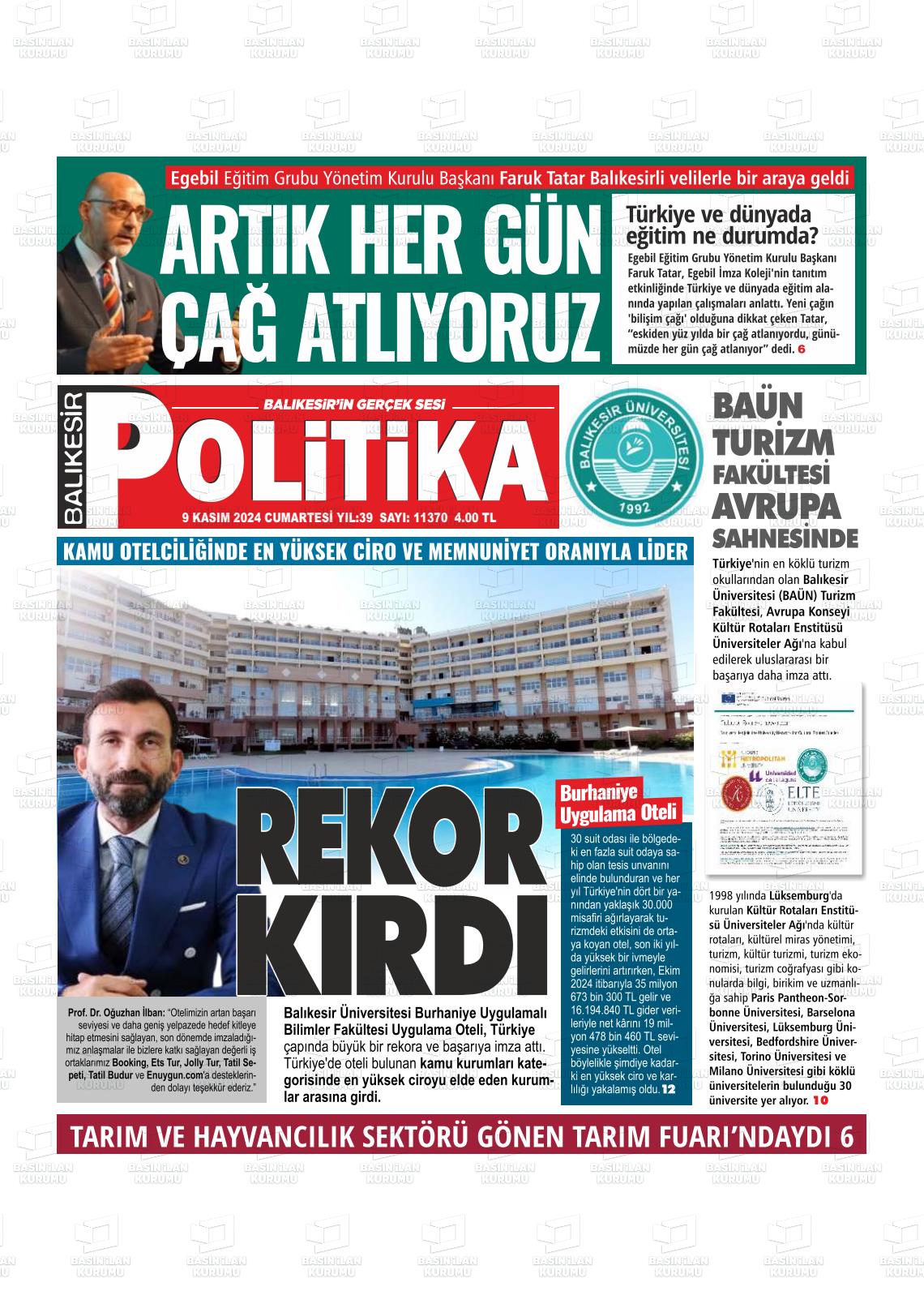 09 Kasım 2024 Balıkesir Politika Gazete Manşeti