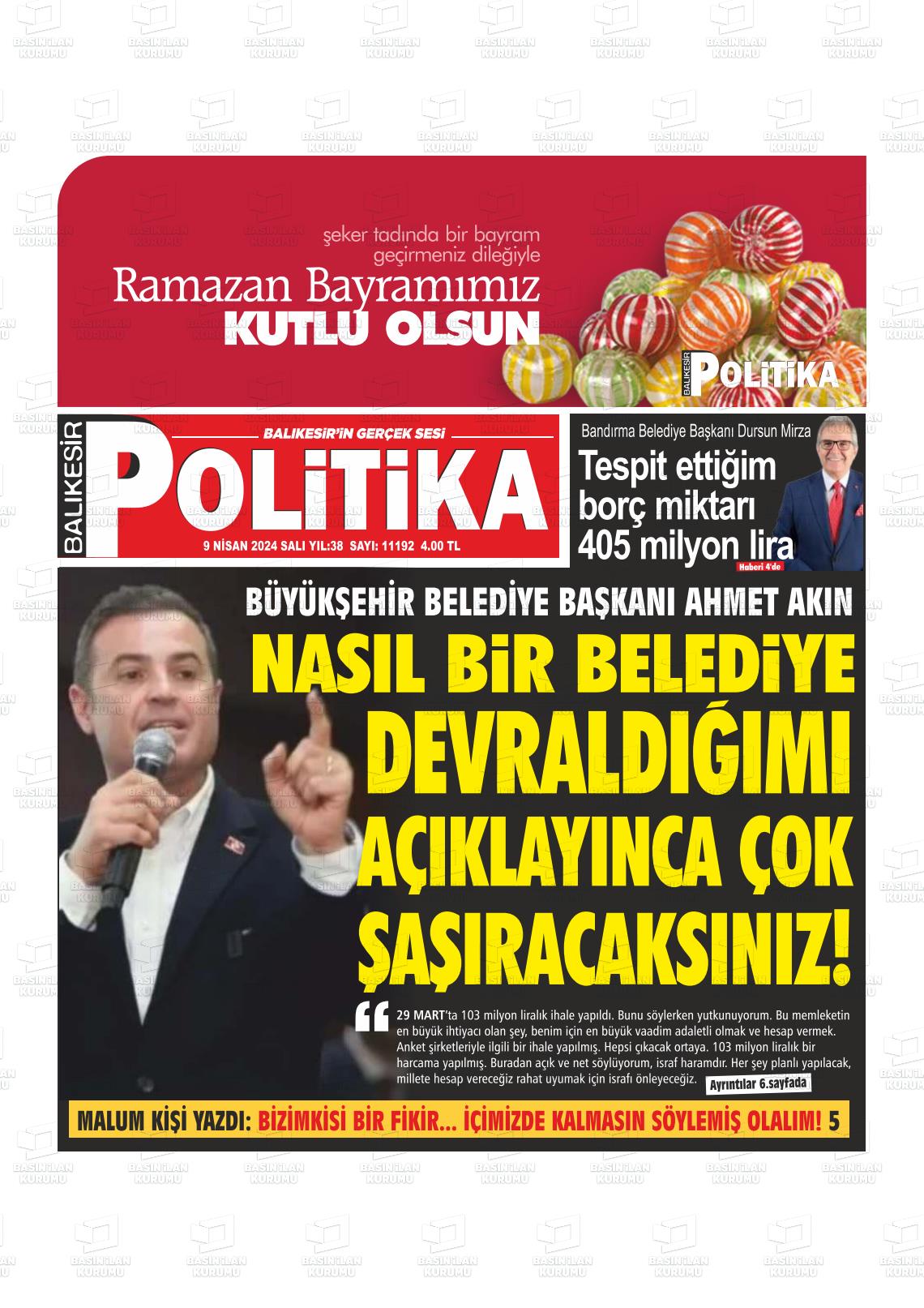 09 Nisan 2024 Balıkesir Politika Gazete Manşeti