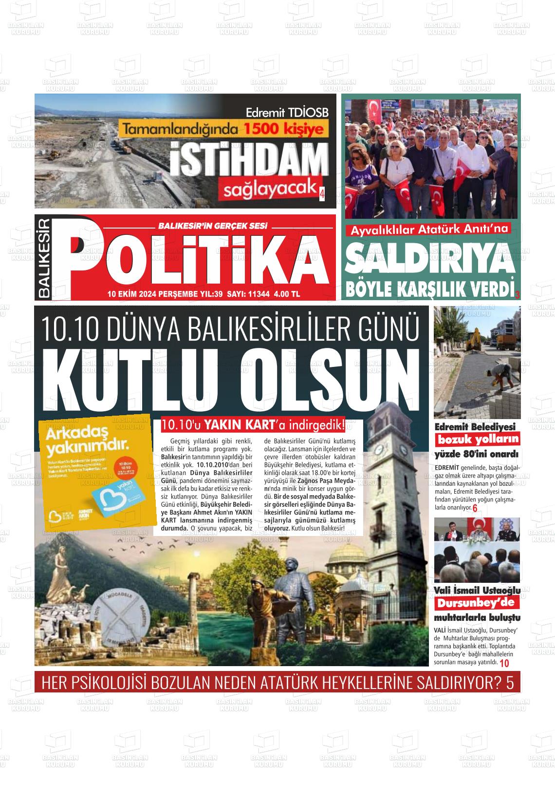 10 Ekim 2024 Balıkesir Politika Gazete Manşeti