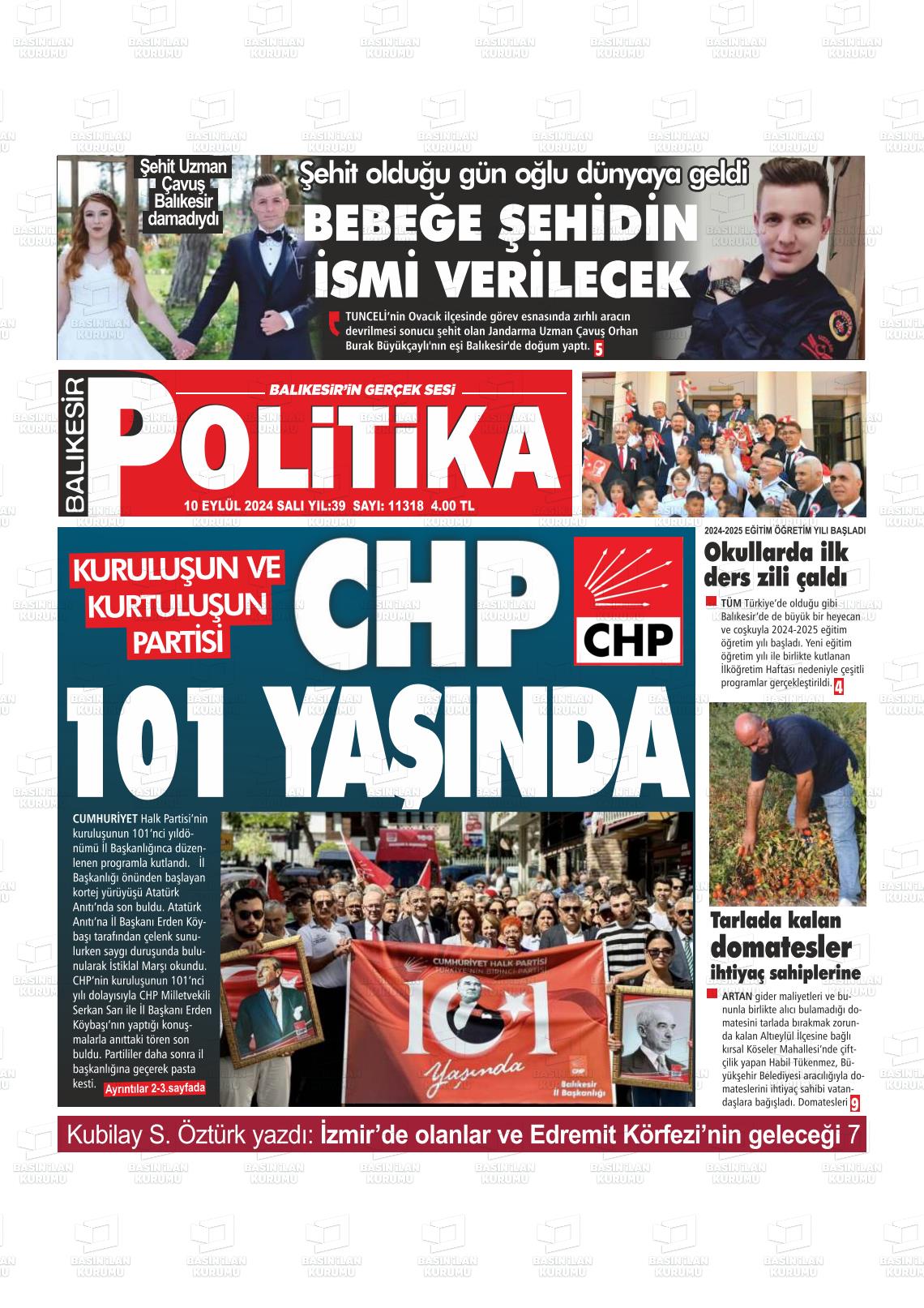 10 Eylül 2024 Balıkesir Politika Gazete Manşeti