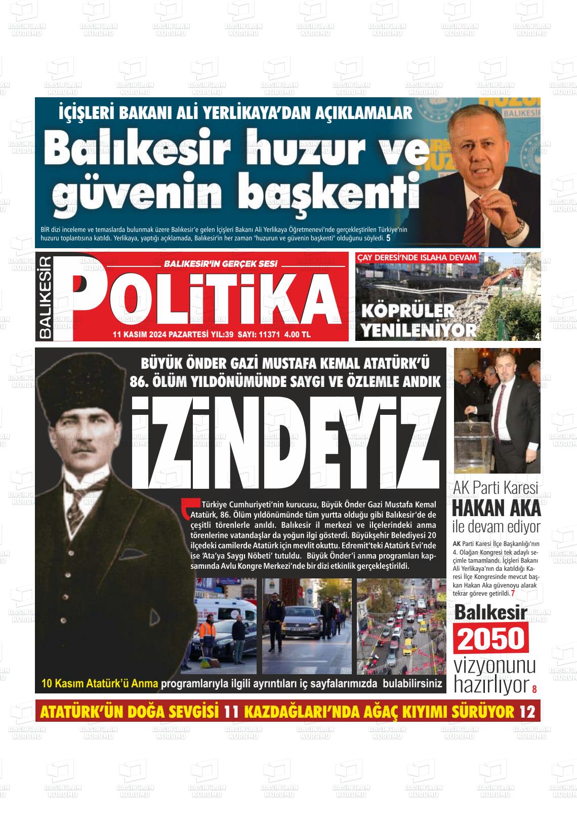 11 Kasım 2024 Balıkesir Politika Gazete Manşeti