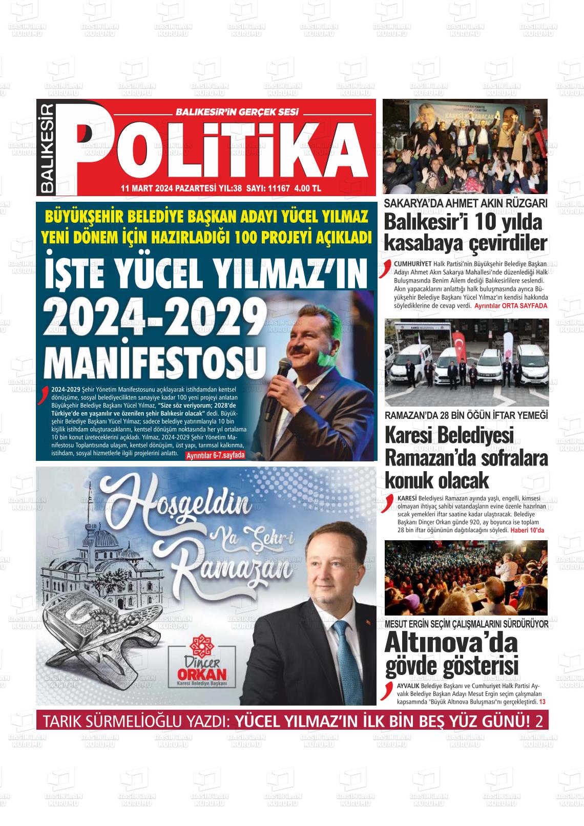 11 Mart 2024 Balıkesir Politika Gazete Manşeti