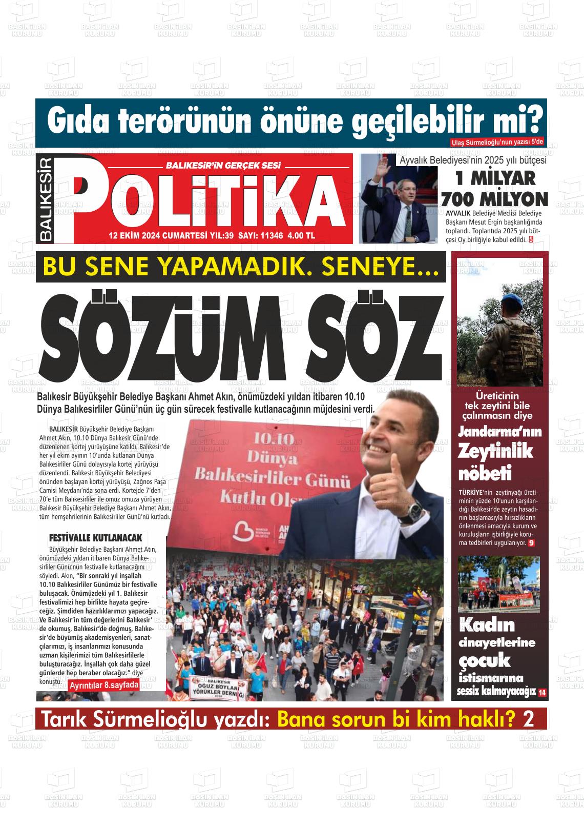 12 Ekim 2024 Balıkesir Politika Gazete Manşeti