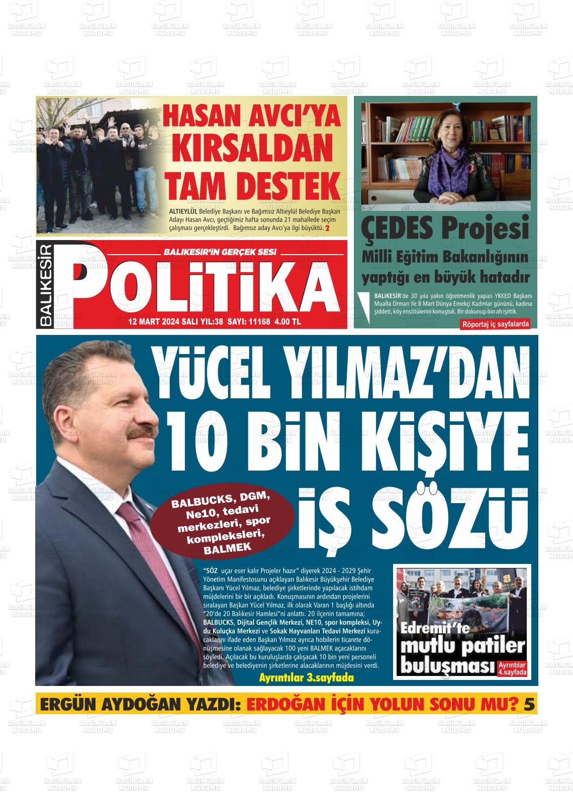 12 Mart 2024 Balıkesir Politika Gazete Manşeti