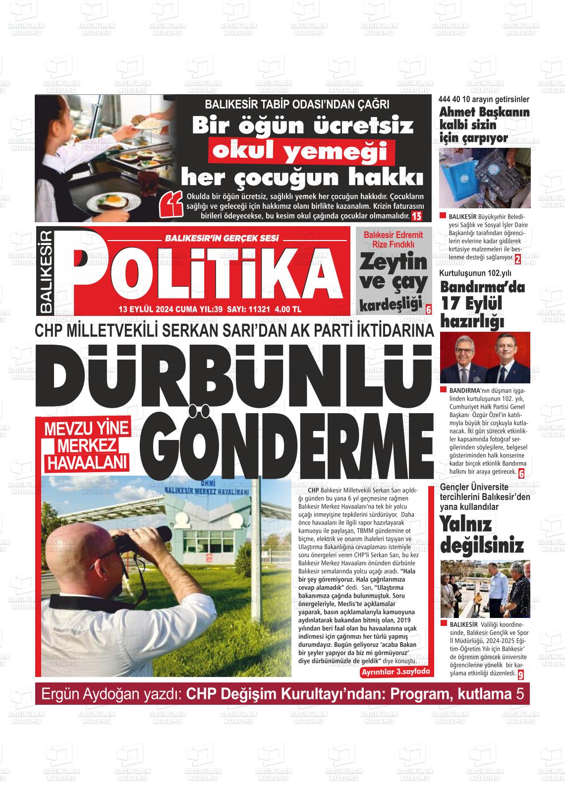 13 Eylül 2024 Balıkesir Politika Gazete Manşeti