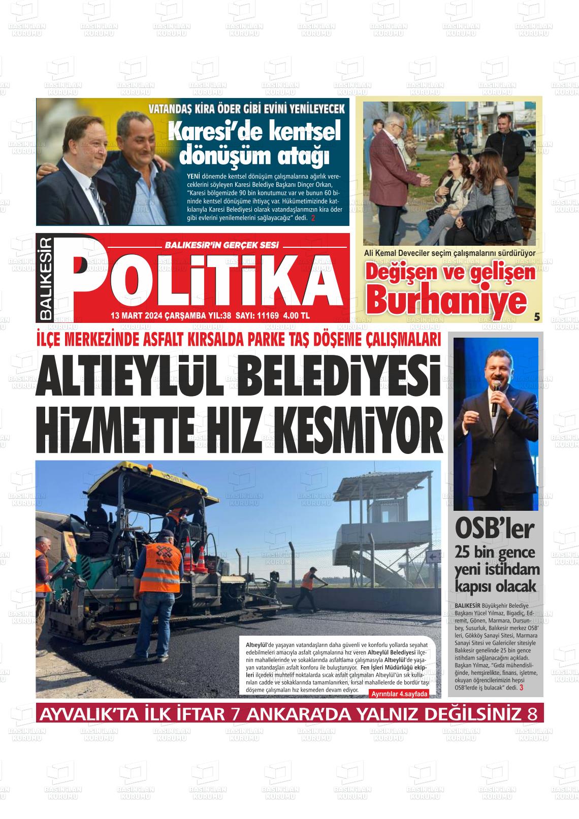 13 Mart 2024 Balıkesir Politika Gazete Manşeti