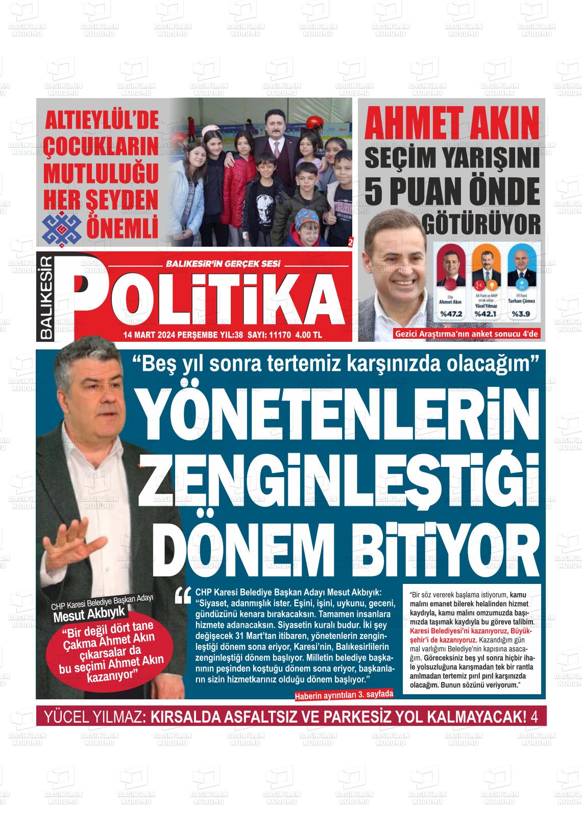 14 Mart 2024 Balıkesir Politika Gazete Manşeti