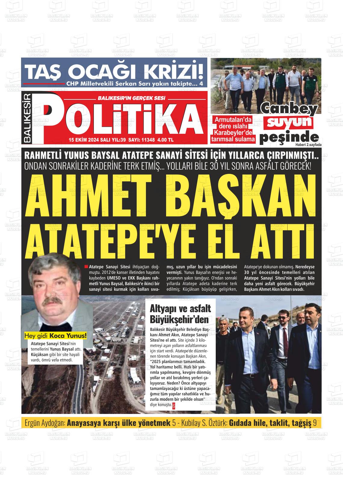 15 Ekim 2024 Balıkesir Politika Gazete Manşeti