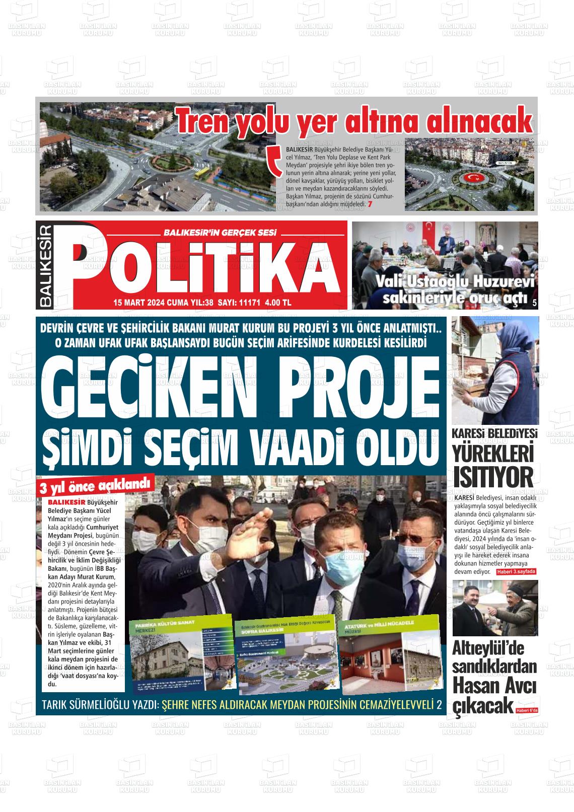 15 Mart 2024 Balıkesir Politika Gazete Manşeti