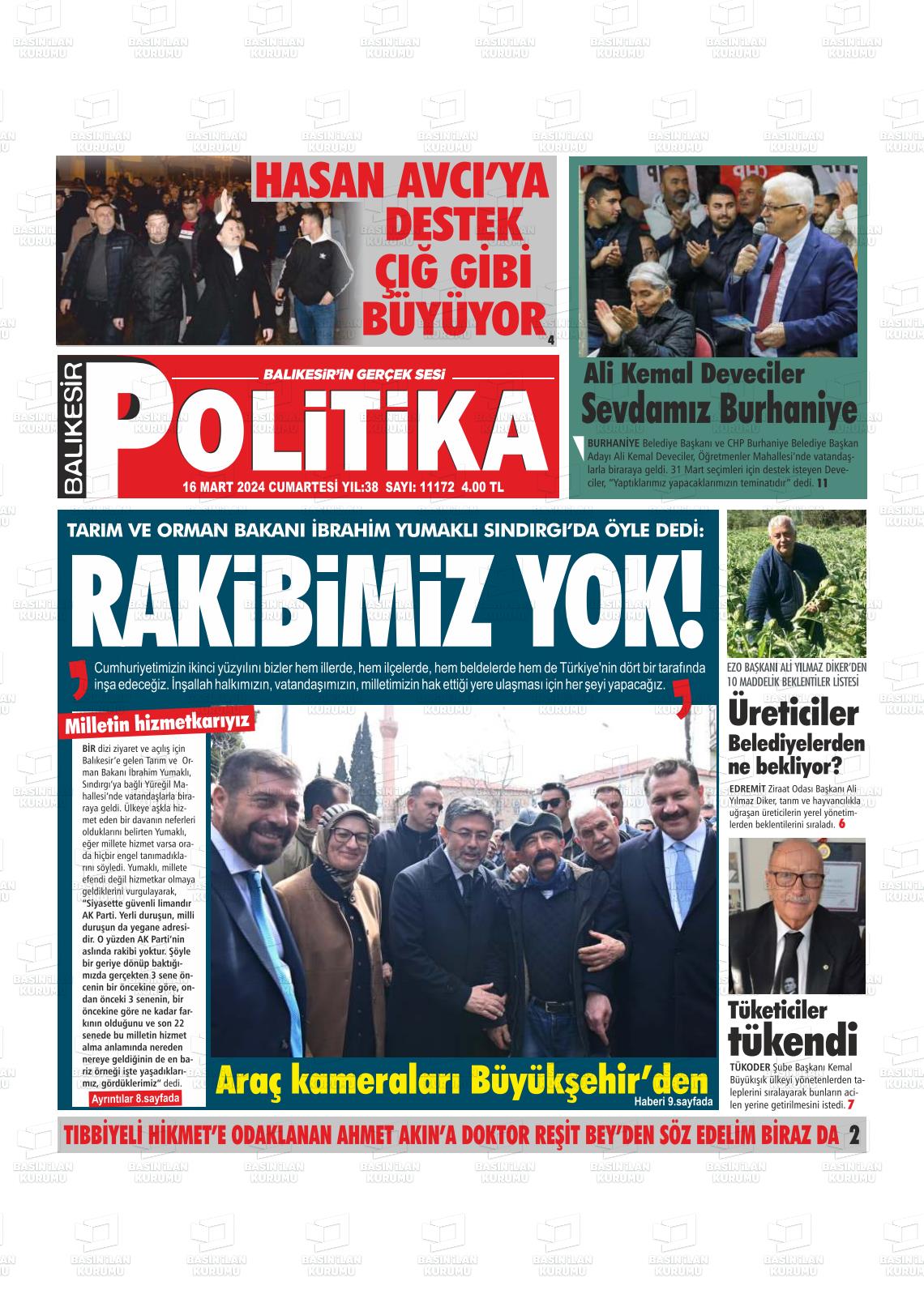 16 Mart 2024 Balıkesir Politika Gazete Manşeti