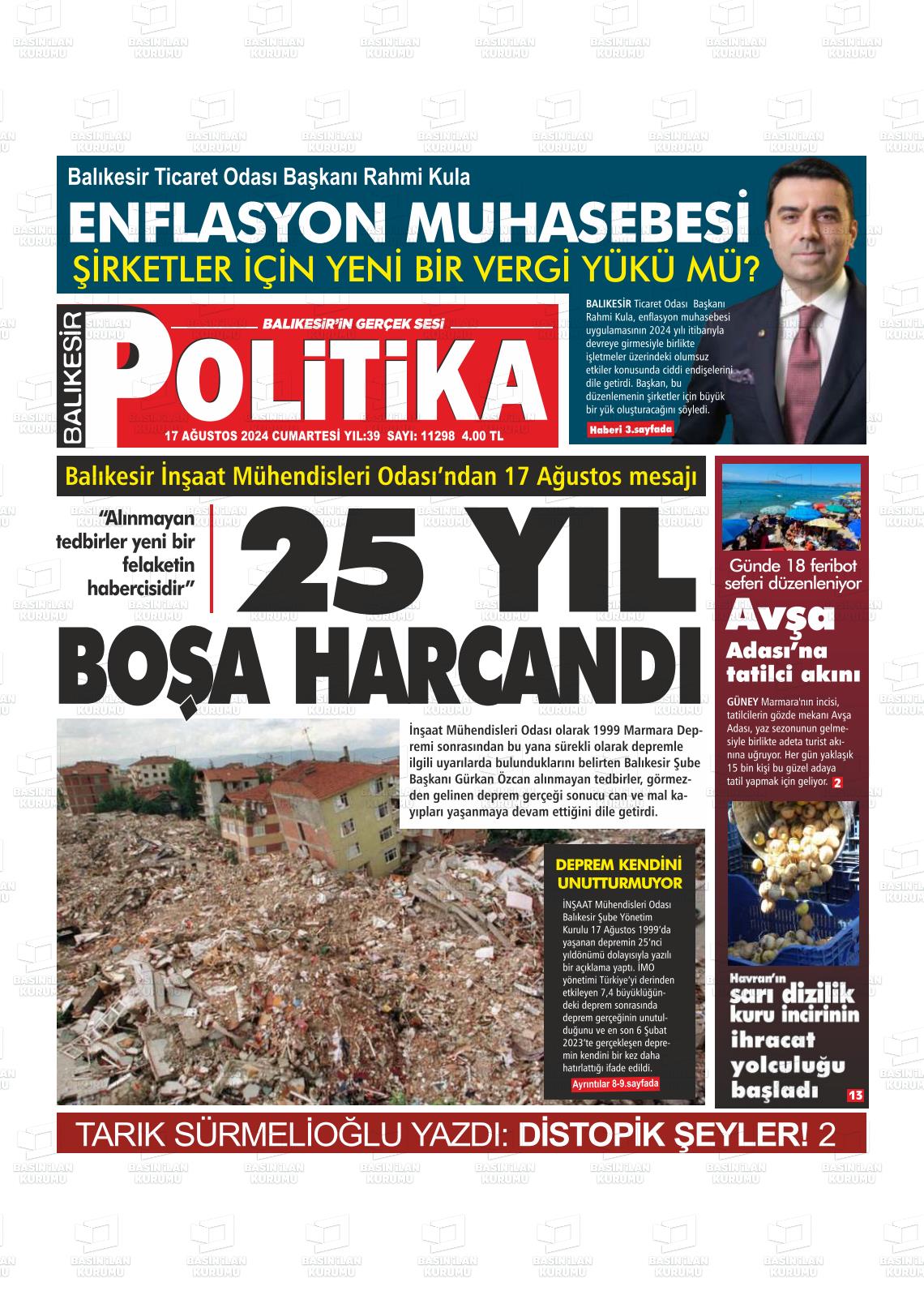 17 Ağustos 2024 Balıkesir Politika Gazete Manşeti